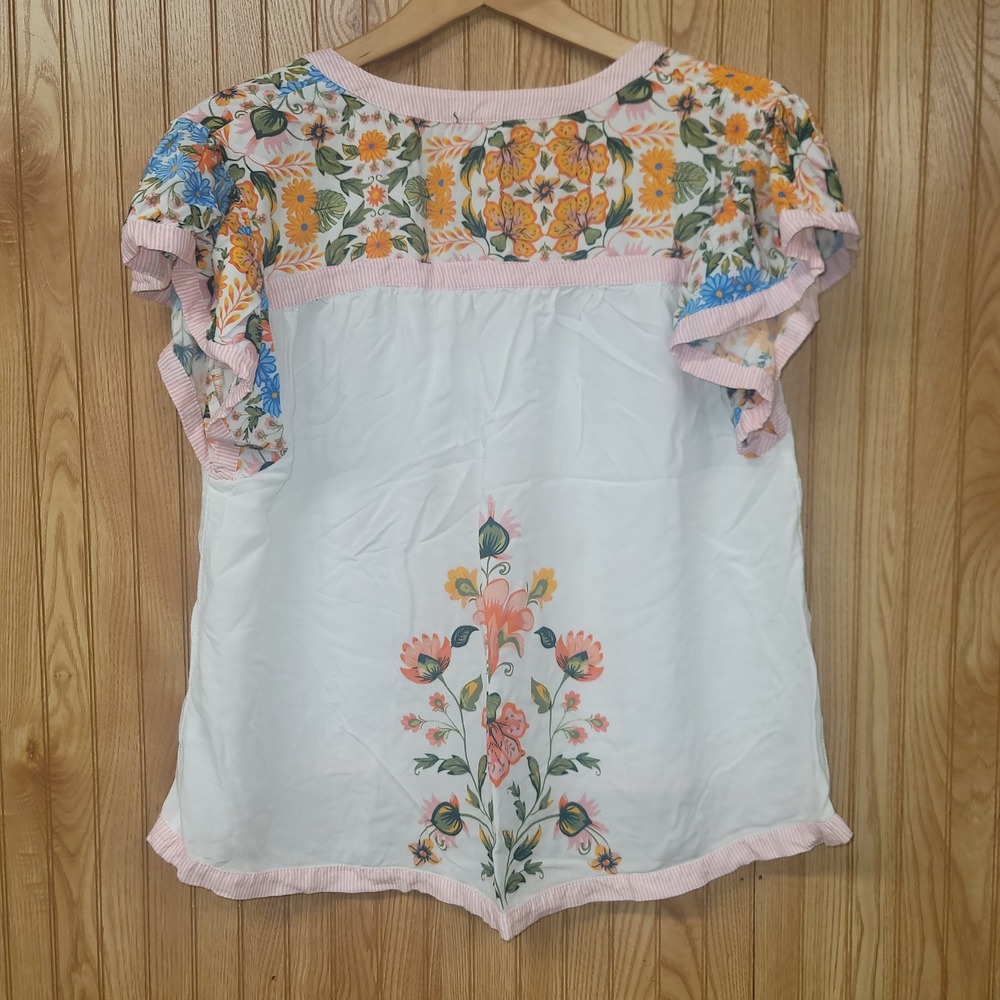 Cato Womens XL Floral Flutter Sleeve Blouse White Pink Striped Trim Boho Top - Picture 2 of 4